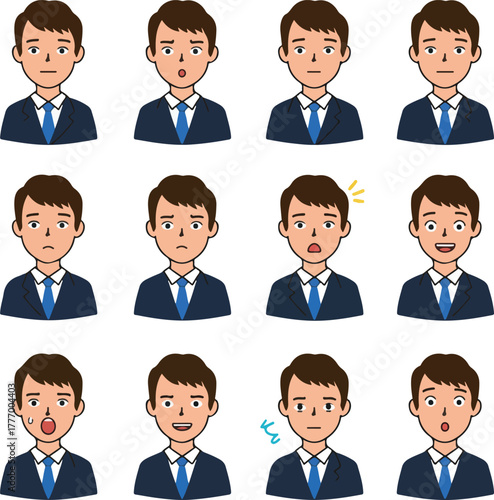 Pixel Art Business Man Emotions Various Expressions Flat Icon Set White Background