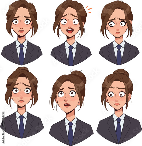 Pixel Art Business Woman Expressions Set Dark Suit Blue Tie Neutral Background
