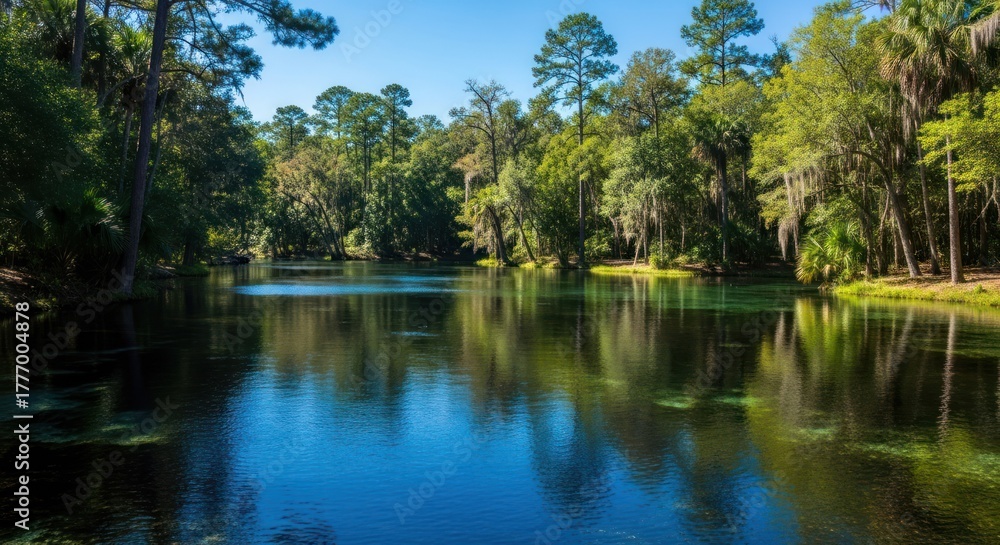 Fototapeta premium Serene spring-fed lake, lush green forest