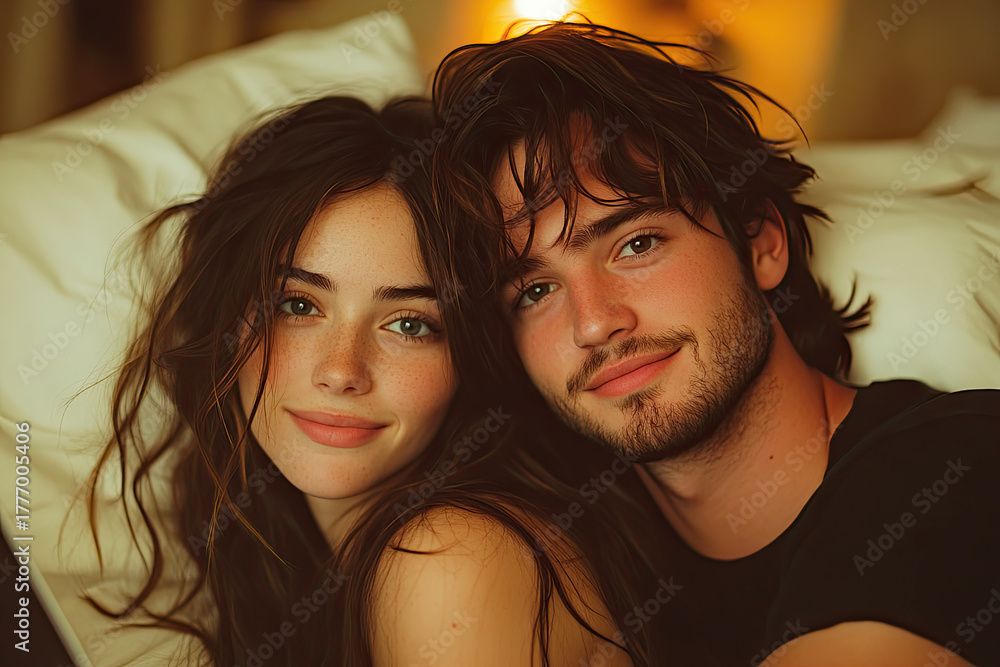Fototapeta premium A cozy moment between a couple, showcasing their affectionate expressions and natural beauty while relaxing together.
