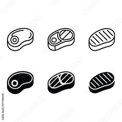 Set of six stylized steak icons in black and white