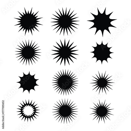 Collection of twelve black starburst shapes on white background