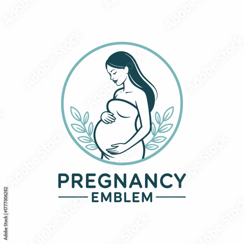 A stylish emblem featuring a woman gently holding her baby bump, reflecting the beauty of pregnancy with elegant lines and soothing elements like leaves in a circular design.