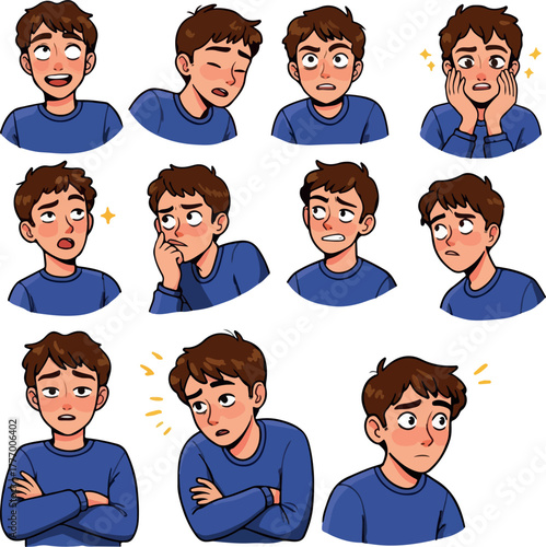 Pixel Art Character Emotions Blue Sweater White Background Isolated