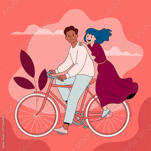 A happy couple is cycling together, embodying joy and companionship, set against a colorful backdrop that enhances the feeling of love and togetherness.