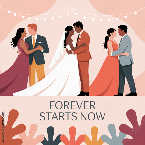 Couples dancing joyfully at a wedding celebration, embodying the essence of love, joy, and connection amidst elegant decor that enhances the romantic atmosphere of the event.