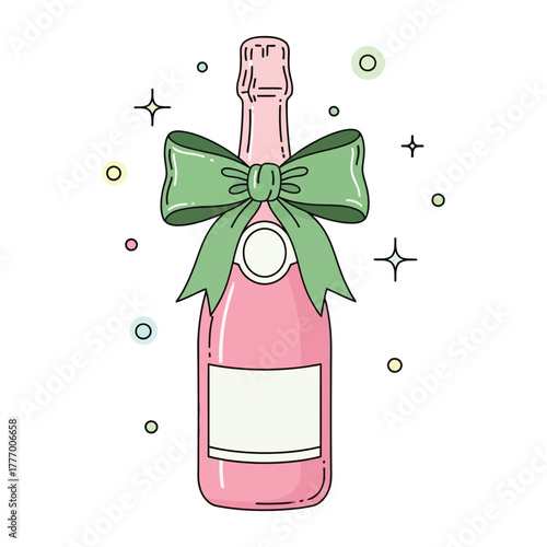 Celebratory pink champagne bottle with a green bow, perfect for festive occasions and special events
