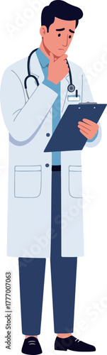 Pixel Art Doctor Pondering Medical Notes Clipboard White Coat Stethoscope Blue Shirt Dark Pants