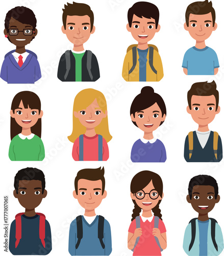 Pixel Art Diverse People Avatars with Backpacks and Casual Outfits