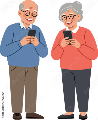 Pixel Art Elderly Couple Smiling Holding Smartphones Isolated Simple Vector