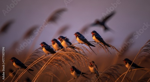Sunrise flock of swallows perched on tall reeds