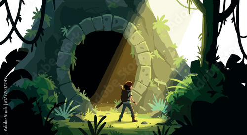 Pixel Art Fantasy Jungle Gateway With Adventurer and Sunlight