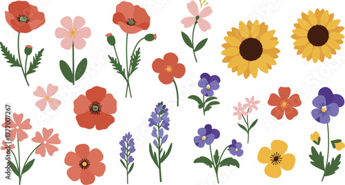Pixel Art Floral Elements Poppies Sunflowers Pansies Lavender And Daisies Vector