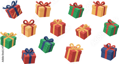 Pixel Art Gift Boxes with Ribbons on White Background Flat Design