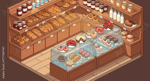 Charming bakery interior showcases an abundant display of freshly baked breads, pastries, and decadent cakes inviting customers to indulge in sweet delights and artisanal treats