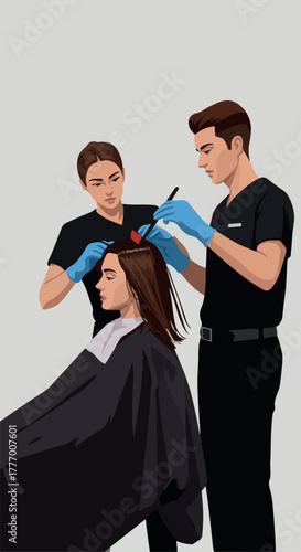 Pixel Art Hairdresser Applying Hair Dye To Client With Assistant