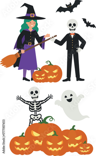 Pixel Art Halloween Characters With Pumpkins And Bats