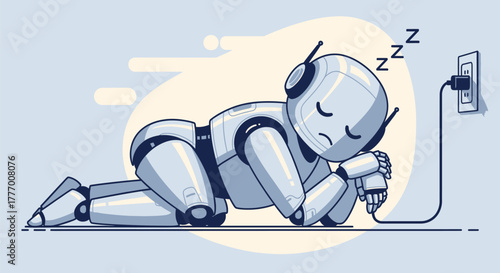 Tired robot peacefully sleeping plugged into power outlet, symbolizing recharge and rest in futuristic technology