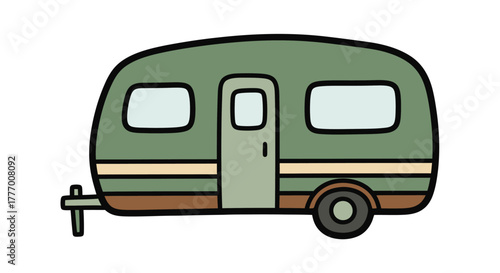 Cartoon Vintage Green Travel Trailer Camper Icon Isolated on White Background
