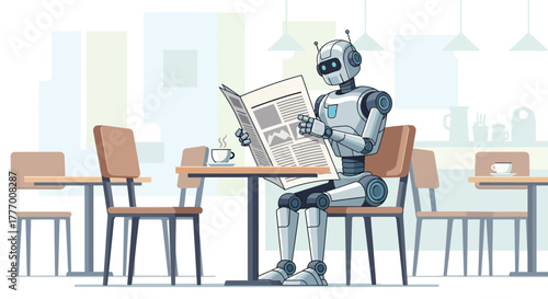 Futuristic robot enjoying coffee and reading news at a modern cafe table, blending technology with everyday life