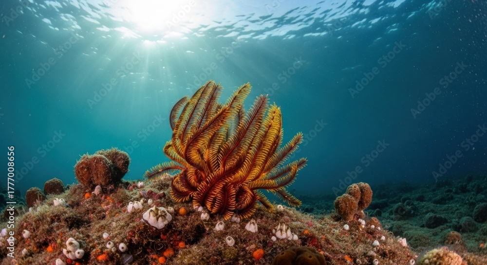 Obraz premium Underwater scene of a vibrant orange-brown sea star. Sunlight beams through the water, highlighting a cluster of delicate, spiky arms. 