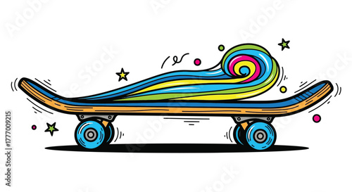 Colorful Skateboard with Swirling Graphic Design and Stars on White Background