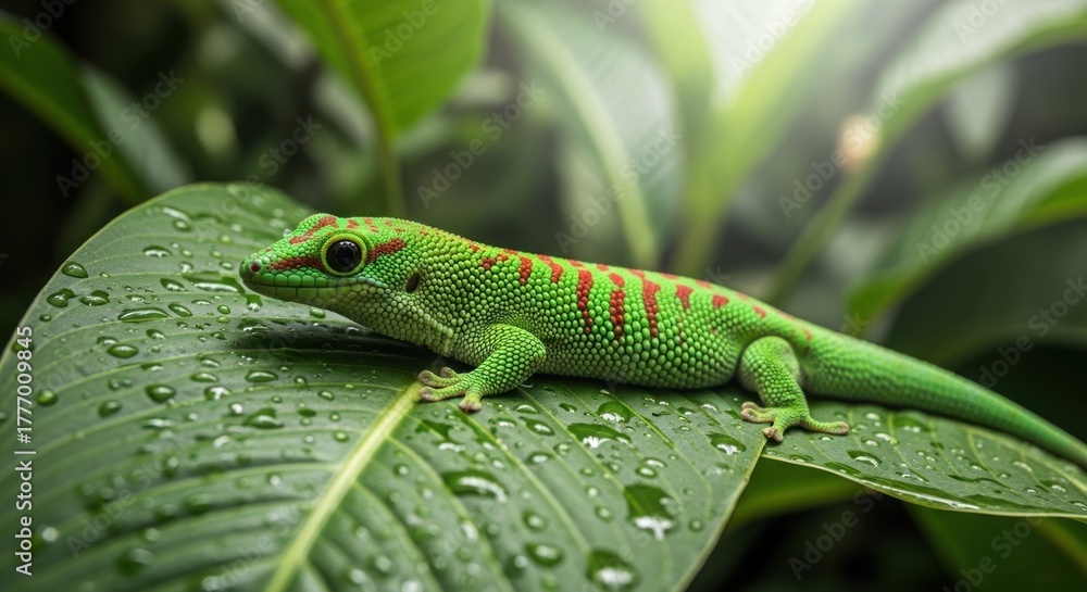 Fototapeta premium Vibrant green gecko on a dewy leaf
