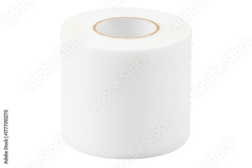 Roll of white fiberglass reinforcing mesh tape for drywall isolated on a transparent background