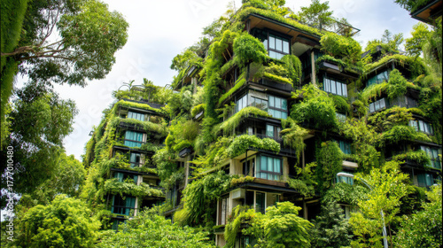 Green Building Facade: Sustainable Architecture with Lush Vegetation and Vertical Garden Design, Eco-Friendly Urban Living, Greenery Covered Building Exterior