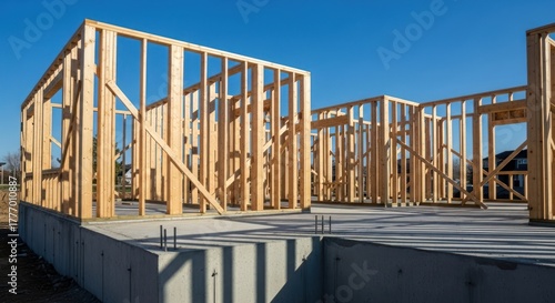 Wooden framing of a new house under construction.  Foundation visible.  Clear blue sky