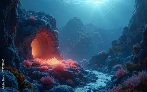 3d render of deep sea hydrothermal vent ecosystem with unique species. High quality