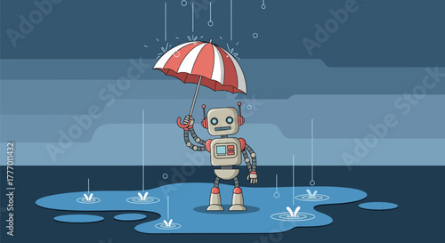 Adorable robot finds shelter under an umbrella amidst a rainy day, symbolizing protection and resilience in unexpected situations.