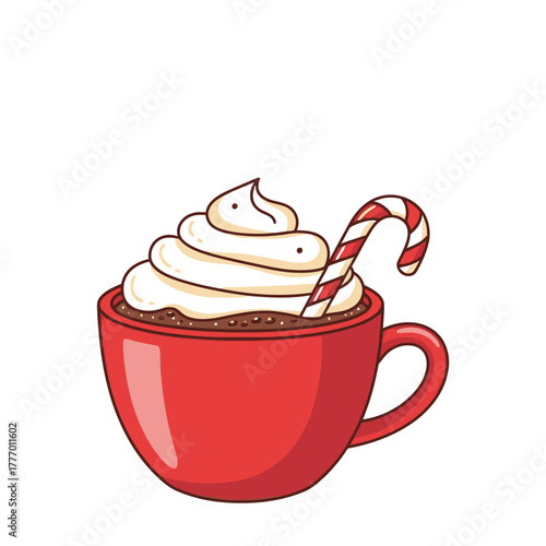 Festive hot chocolate with candy cane and whipped cream, perfect for holiday cheer and winter warmth
