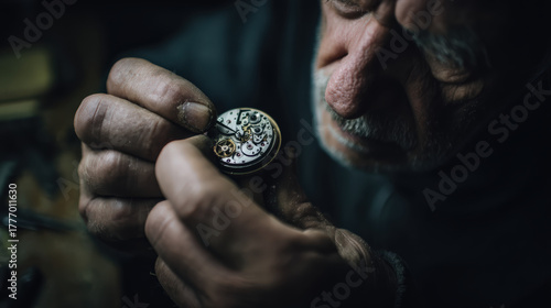 Close-up of Watchmaker Repairing Intricate Watch Mechanism, Showing Precision and Craftsmanship in Dark, Moody Lighting, Emphasizing Detail and Expertise