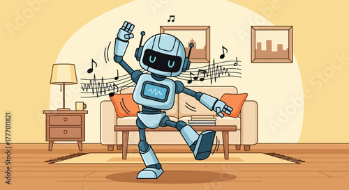 Joyful robot dancing energetically to music in a cozy living room, celebrating fun and technology