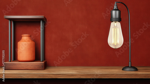 Elegant Still Life with Vintage Bulb Lamp and Ceramic Vase on Wooden Shelf Against Textured Red Background, Interior Design and Decoration Concept