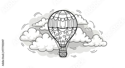 Whimsical hot air balloon floating among stylized clouds, hand-drawn sketch style
