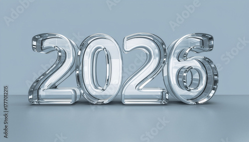 A 3D rendering of the number 2026 in clear glass on a reflective grey studio background.
