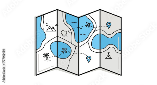 Folded Travel Map with Destinations, Airplanes, and Tourist Symbols
