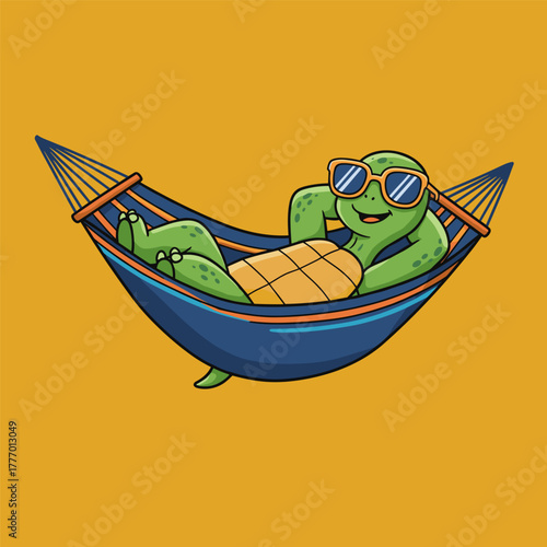 A happy cartoon turtle wearing sunglasses relaxing in a blue hammock against a solid yellow background.