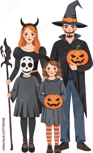 Pixel Art Halloween Family Black Outfits Orange Pumpkins Witch Hat
