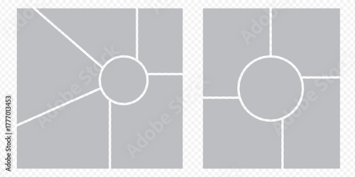 Image collage layout template. Grey mosaic mood board grid collection. Picture frame set. Photo album idea for banner, poster, comic page, flyer, brochure, booklet, memory wall design. Vector Eps 10.