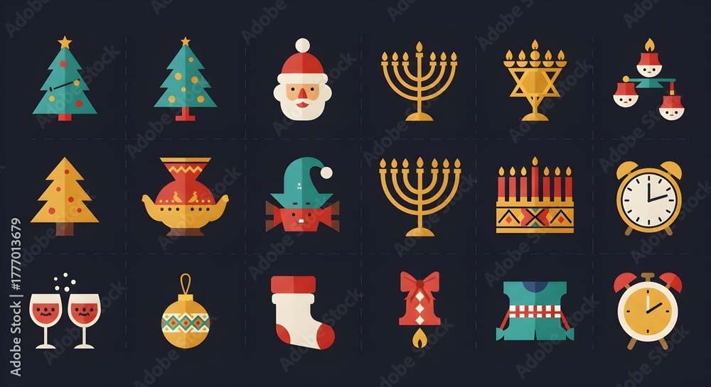 Naklejka premium Festive holiday icons christmas trees santa candles and decorative elements