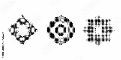 Three abstract geometric shapes rendered in halftone dot patterns on a white background