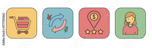 A set of four colorful icons representing business concepts: a shopping cart, a currency exchange, a location with a dollar sign and stars, and a customer service representative.