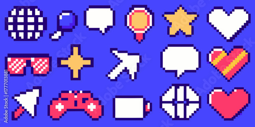 Collection of pixel art icons including hearts speech bubbles a gamepad and a star on a blue background