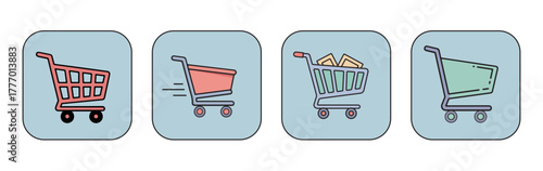 Set of four distinct shopping cart icons in various styles and colors, suitable for e-commerce and retail applications.