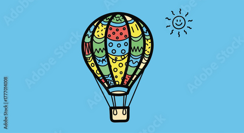 Colorful Hot Air Balloon Floating in a Bright Blue Sky with a Smiling Sun