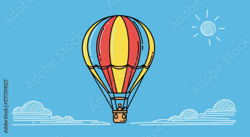Colorful Hot Air Balloon Ascending into a Bright Blue Sky with Sun and Clouds