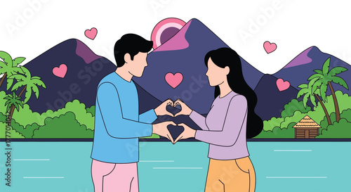 Romantic couple love heart hands vacation vector illustration art